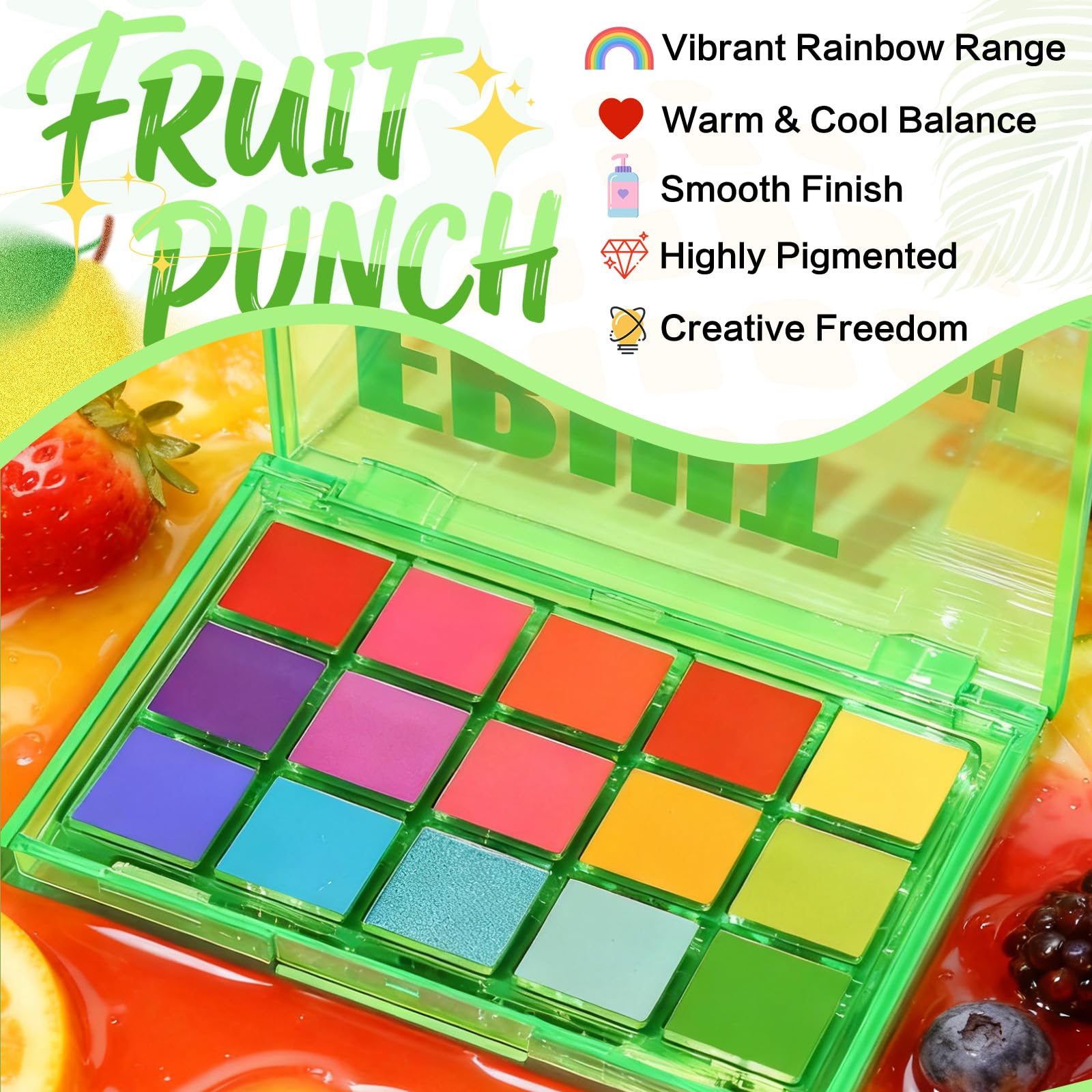 UCANBE Fruit Punch palette open-pan view; 15 pigmented shades for versatile looks.