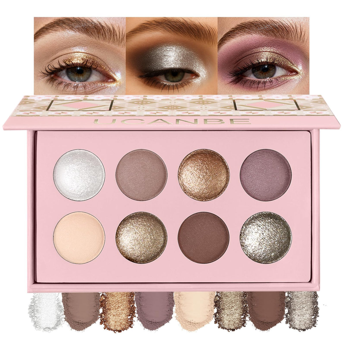 UCANBE Paleta 8 sombras, frente: tonos variados para looks diarios.