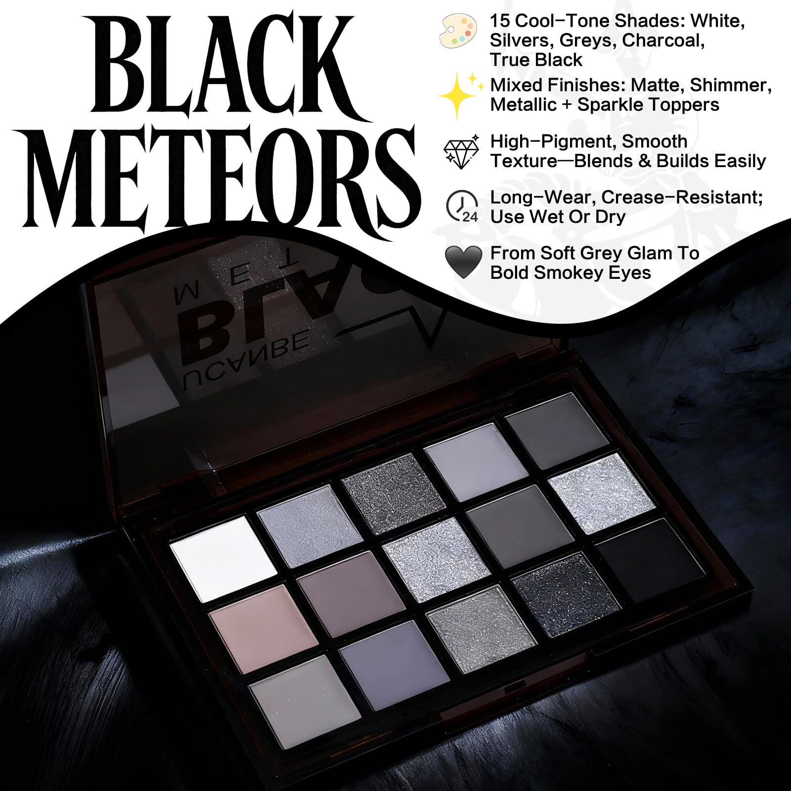 UCANBE Paleta Smokey Black: acabado satinado y mate para transiciones suaves.