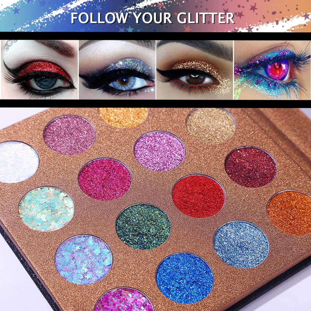 UCANBE Pro Glitter Eyeshadow Palette with pressed glitters row for versatile shimmer.