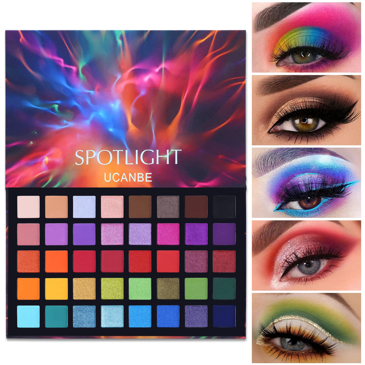 UCANBE Spotlight paleta 40 colores, sombras mate y brillos para estilos versátiles.