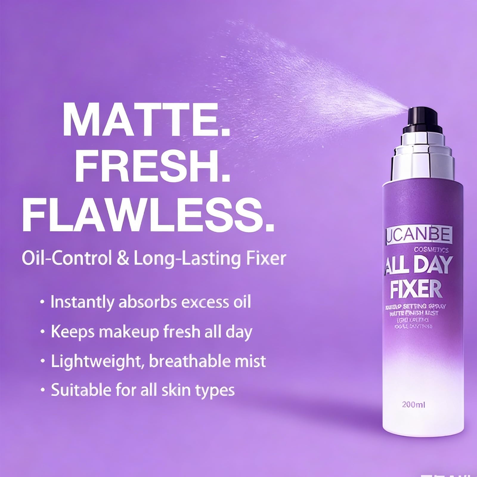 UCANBE spray fijador maquillaje mate para una cobertura uniforme