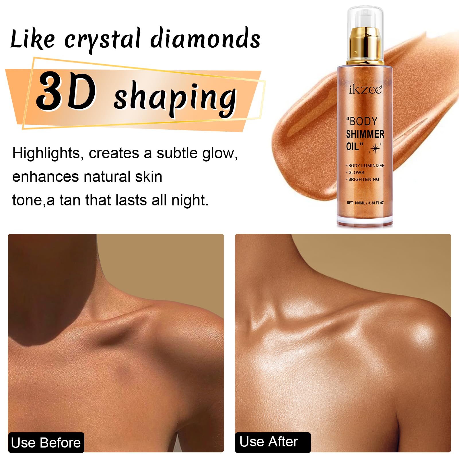 UCANBEMAKEUP Body Shimmer Oil pearlescent glitter adds subtle sparkle to skin.
