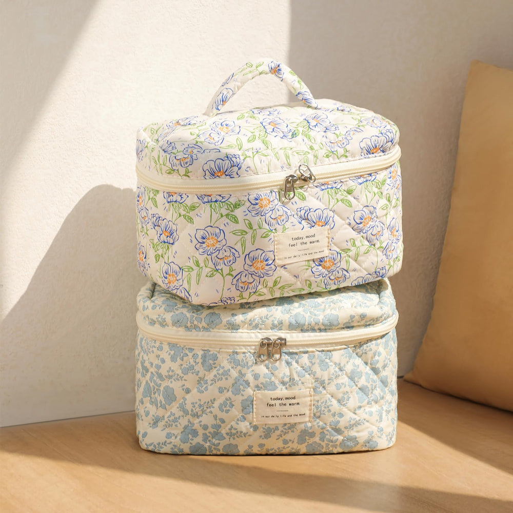 uekeboag floral cotton toiletry organizer keeps essentials neatly separated.
