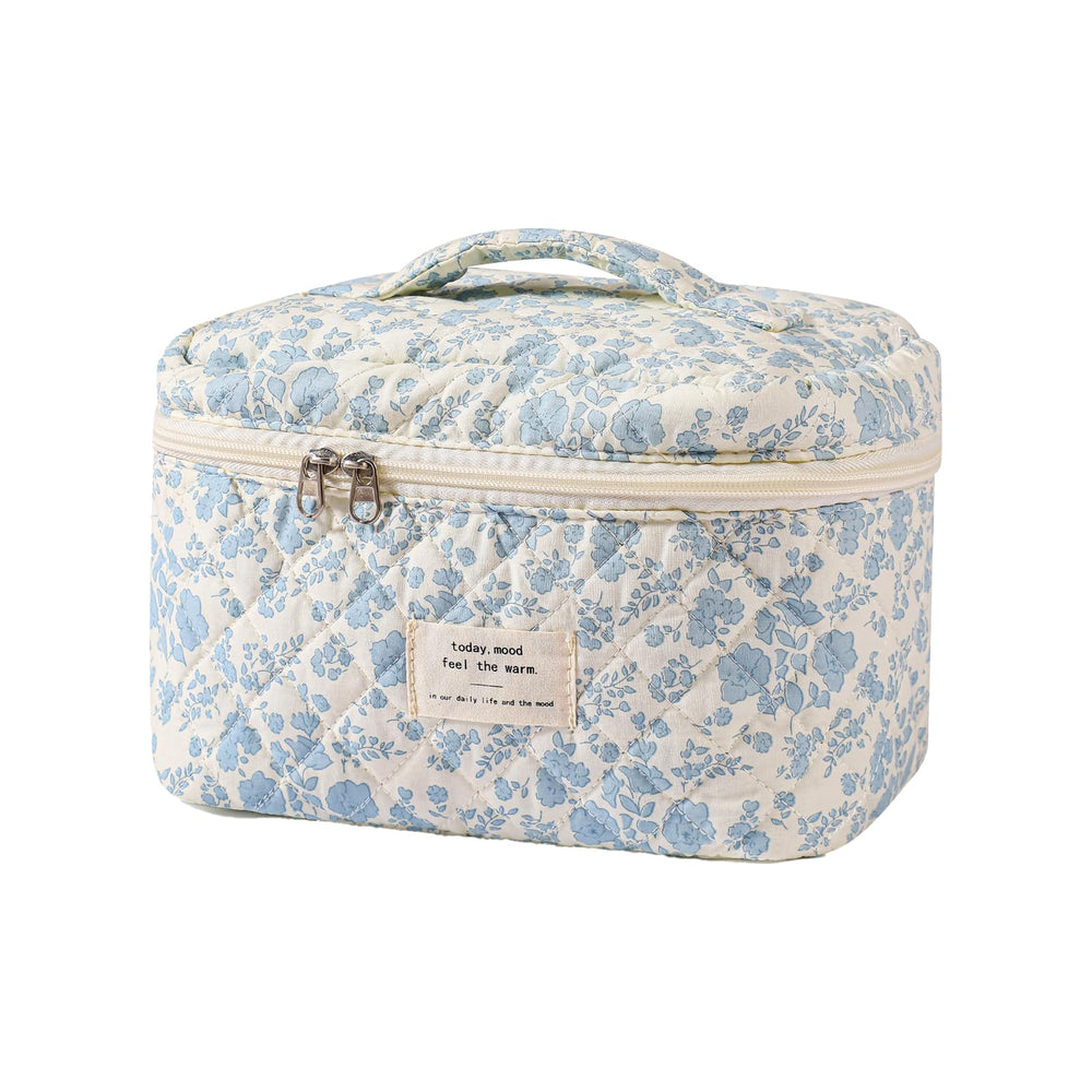 uekeboag large travel quilted makeup bag with floral pattern, ideal for organizing cosmetics on trips.