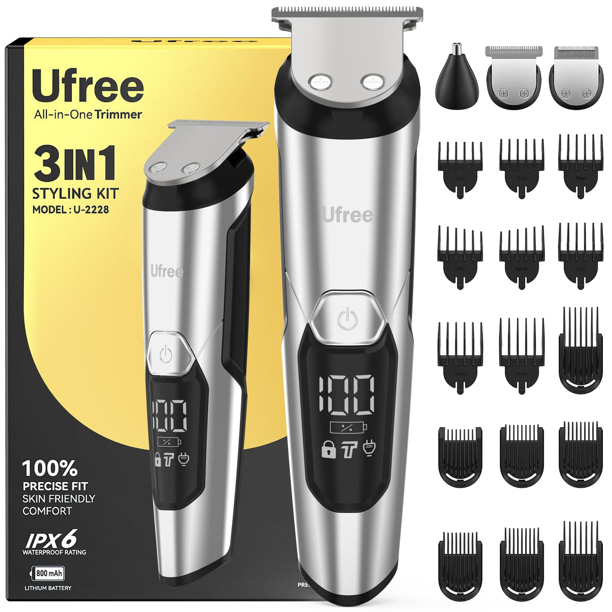 Ufree 3-in-1 beard trimmer kit front view for precise grooming and portability.