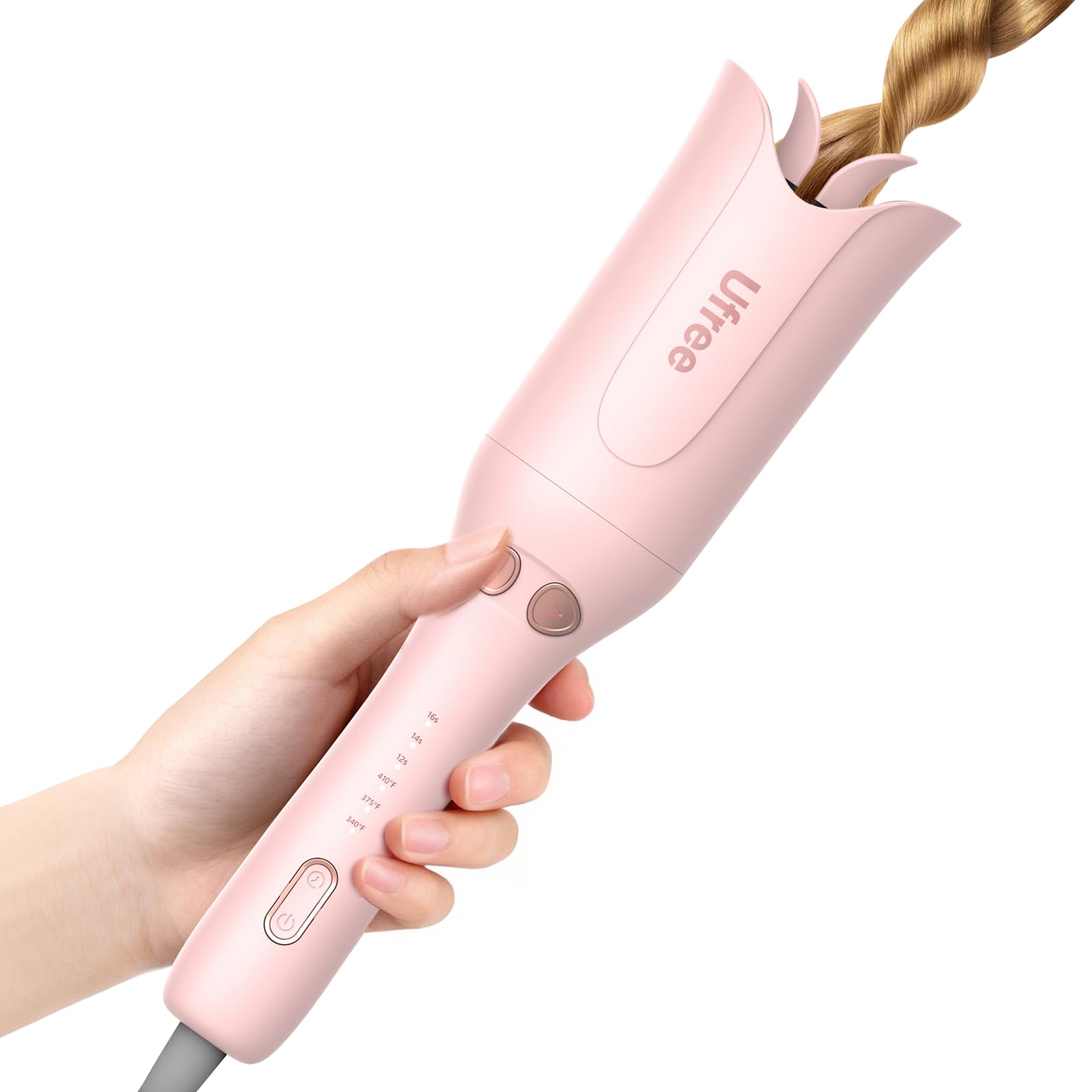 Ufree automatic rotating curling iron rose gold product shot showing easy beach waves