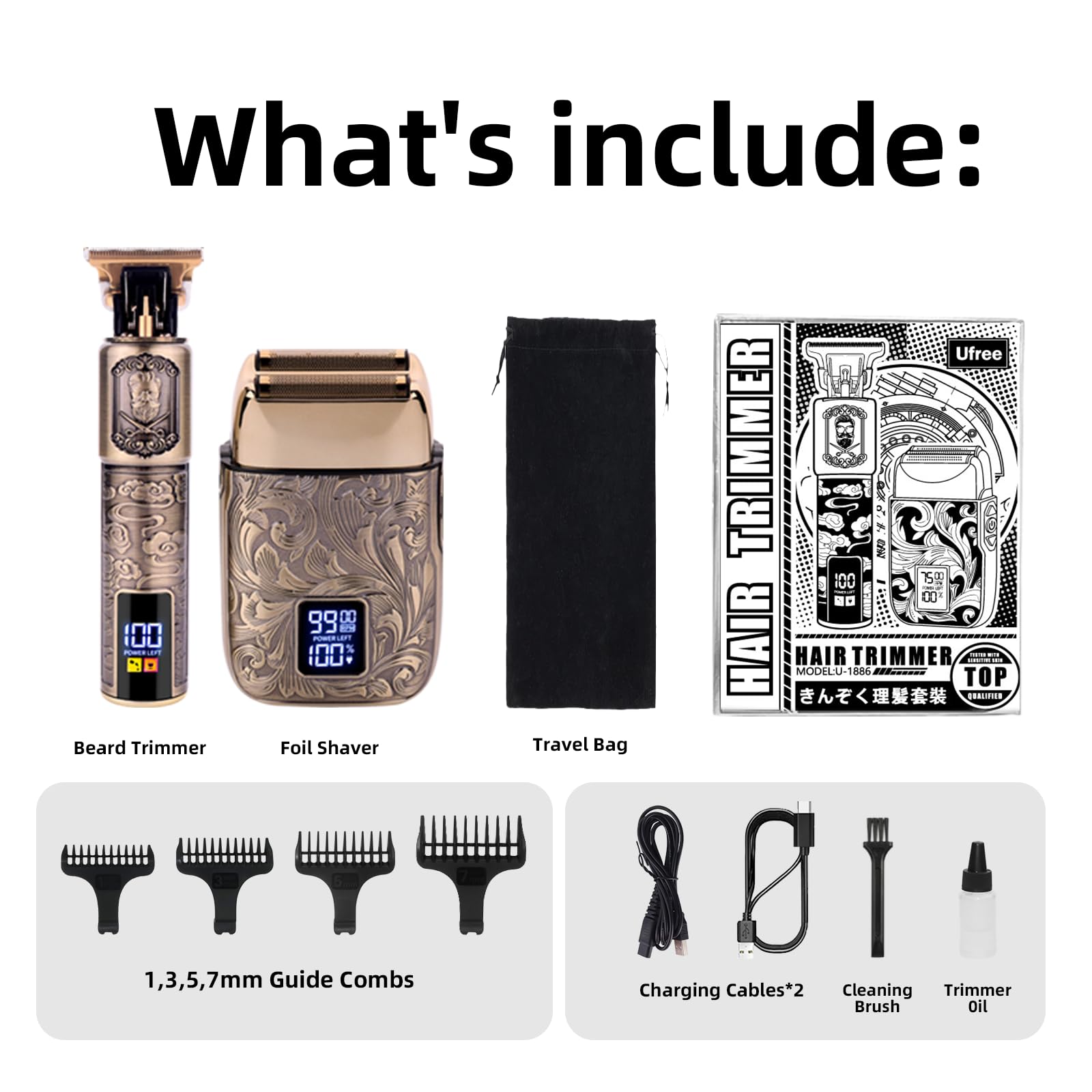Beard, hair, and body trimming attachments shown for versatility