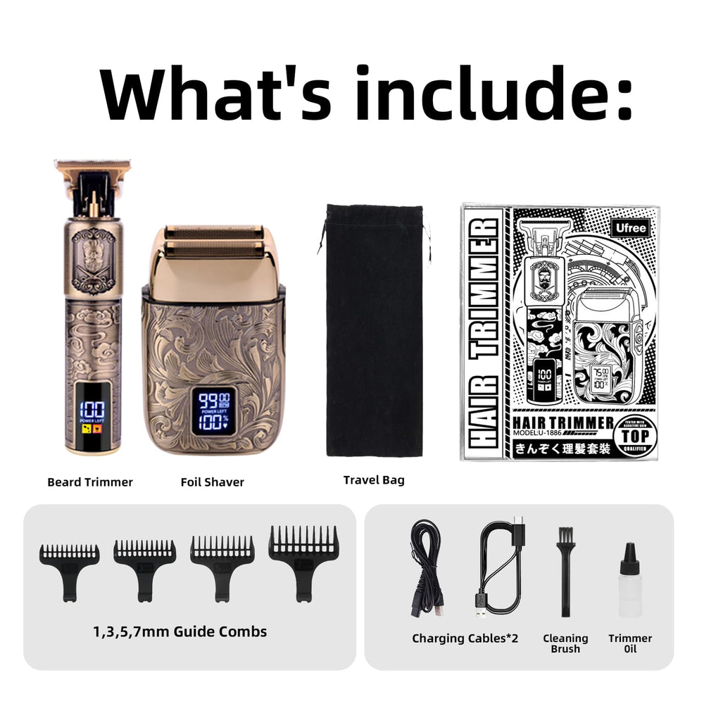 Beard, hair, and body trimming attachments shown for versatility