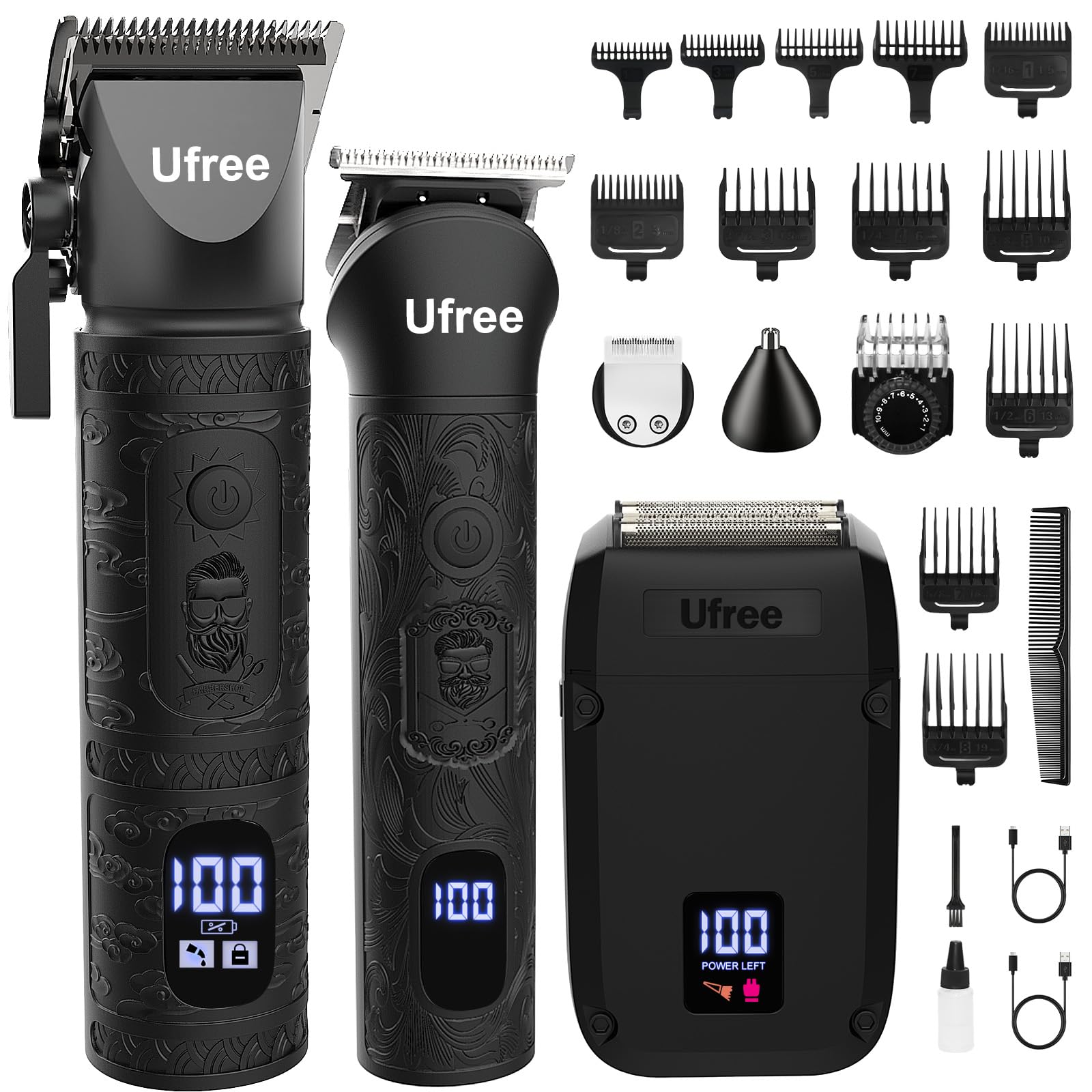 Ufree beard trimmer close-up blades for precise edge trimming and smooth skin.