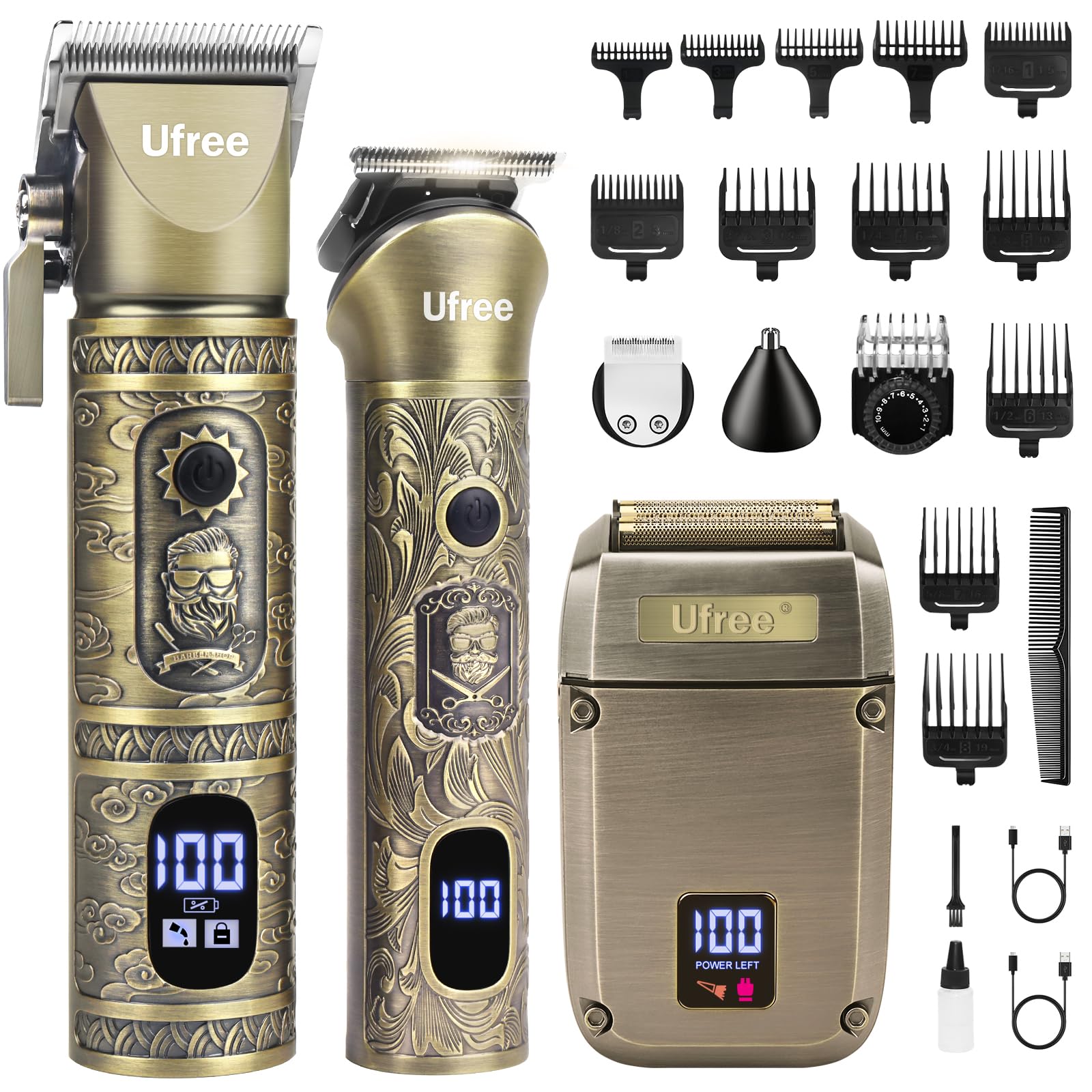 Ufree beard trimmer and hair clippers set in a sleek home grooming setup, cordless versatility.