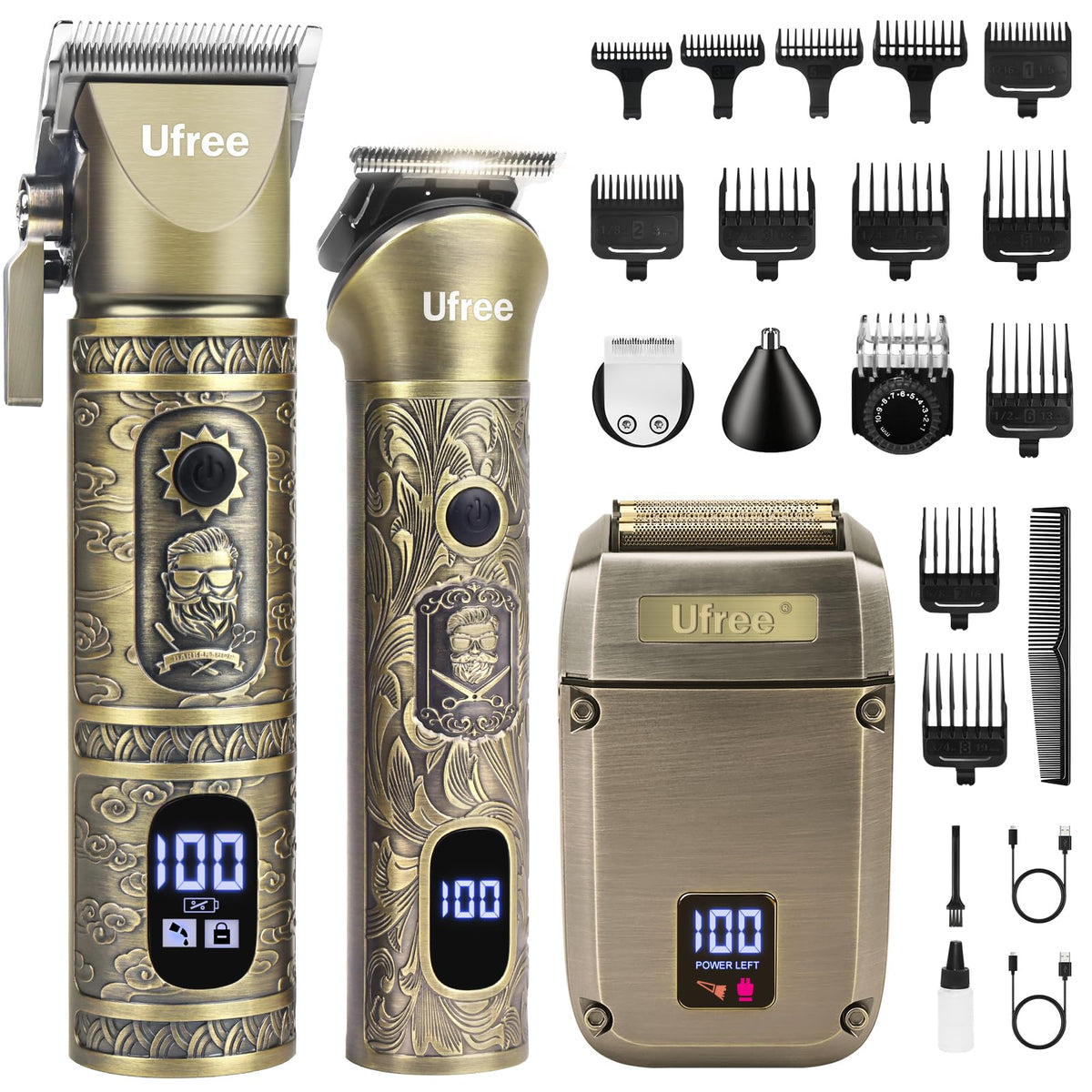 Ufree beard trimmer and hair clippers set in a sleek home grooming setup, cordless versatility.