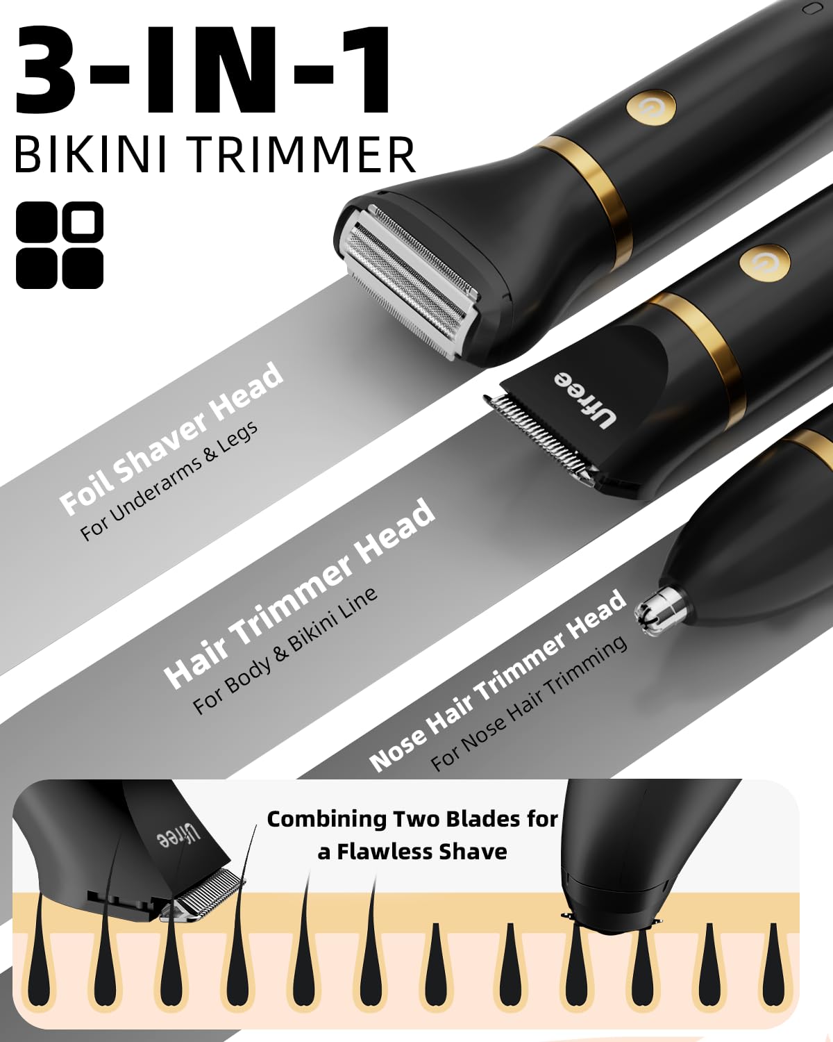 Ufree Bikini Trimmer head types highlight facial, foil, and hair heads for versatile grooming.