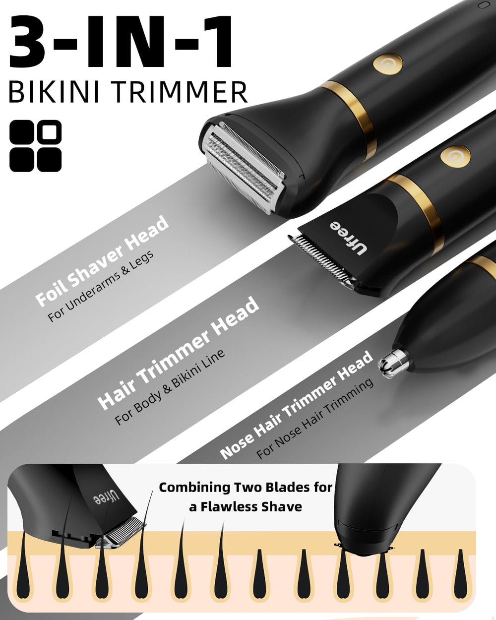 Ufree Bikini Trimmer head types highlight facial, foil, and hair heads for versatile grooming.