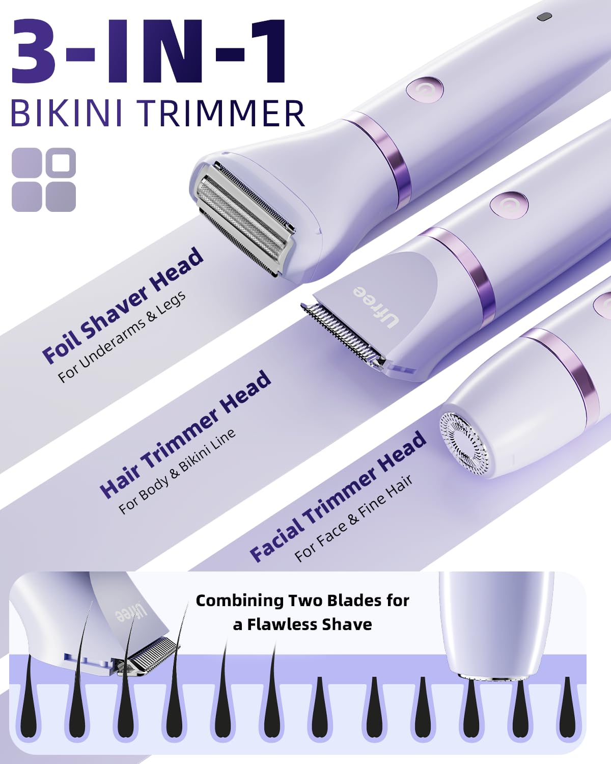 Ufree Bikini Trimmer heads detachable for facial, underarm, and bikini care