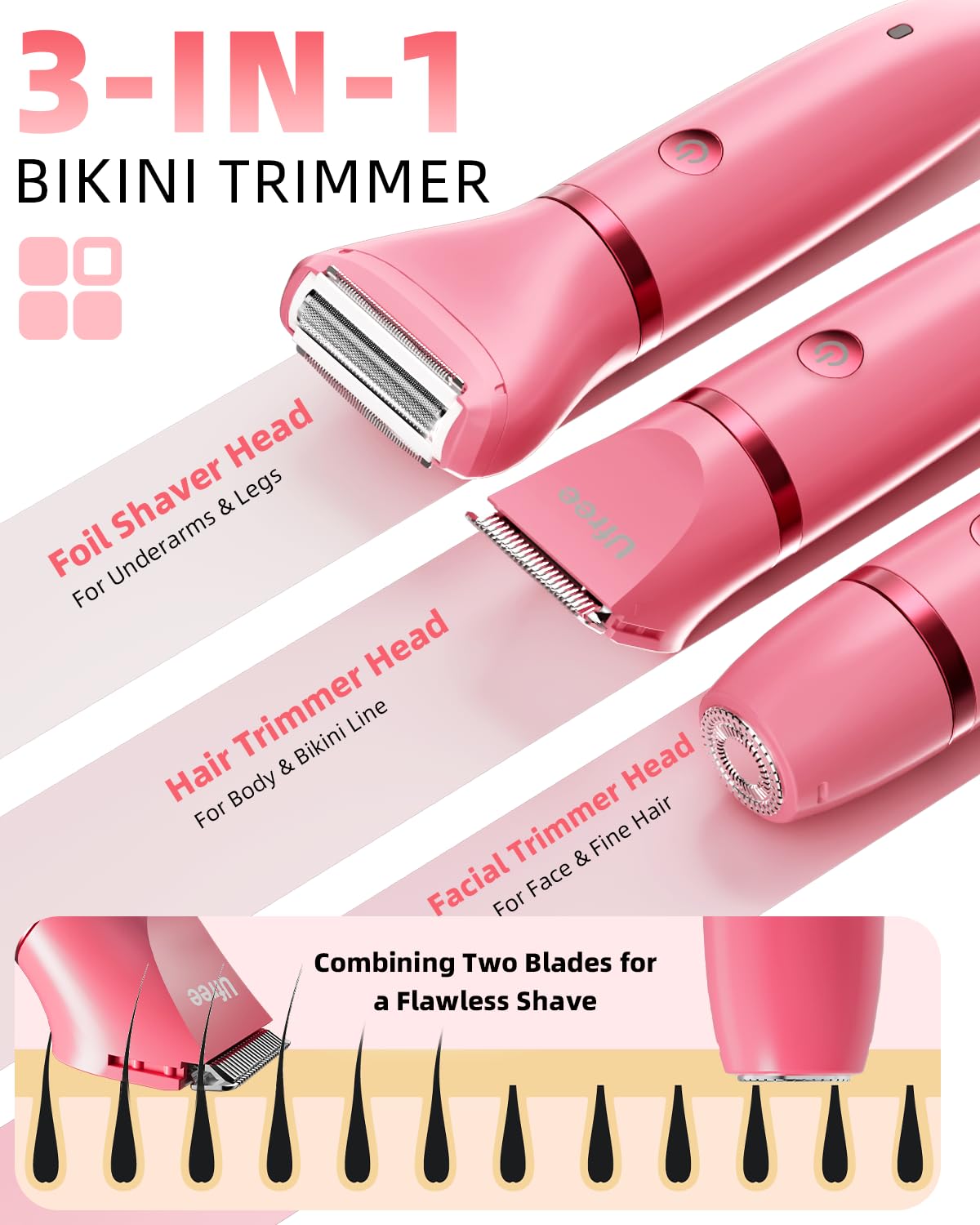 Ufree Bikini Trimmer Rose Red heads illustrate versatile trimming options.