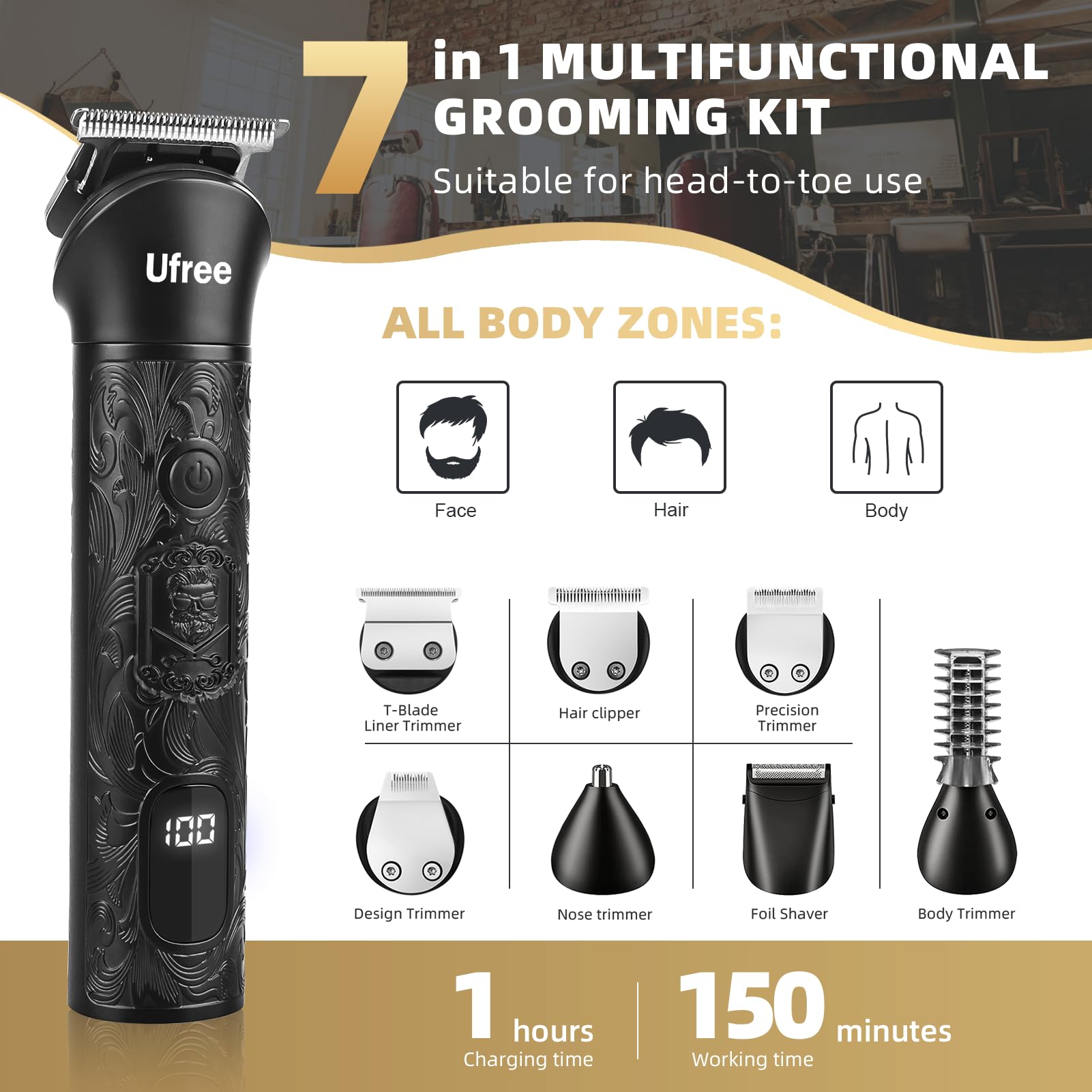 Ufree cordless trimmer with LCD display enables precise grooming on the go.