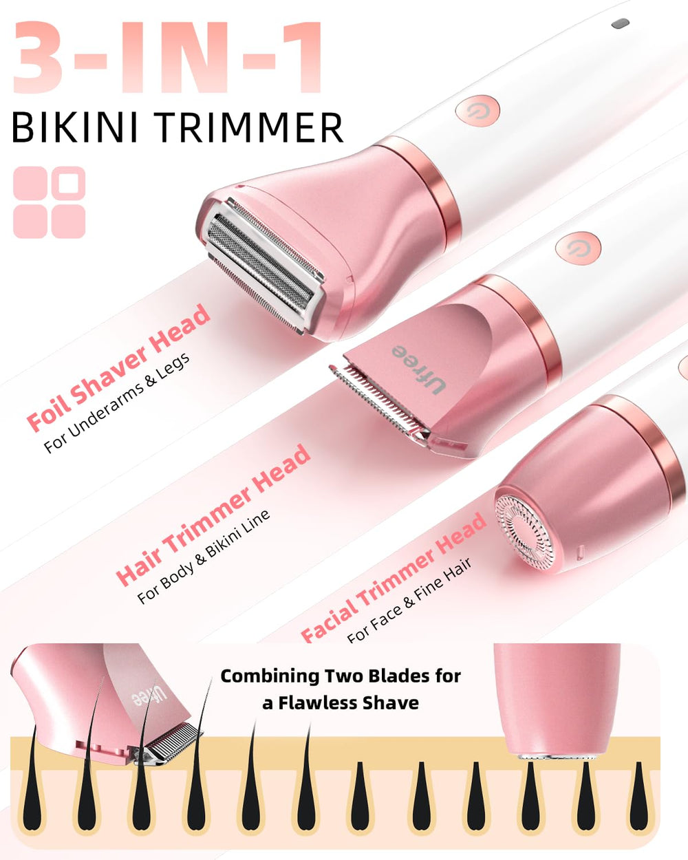 Ufree three-heads kit with foil and facial trimmer close-up.