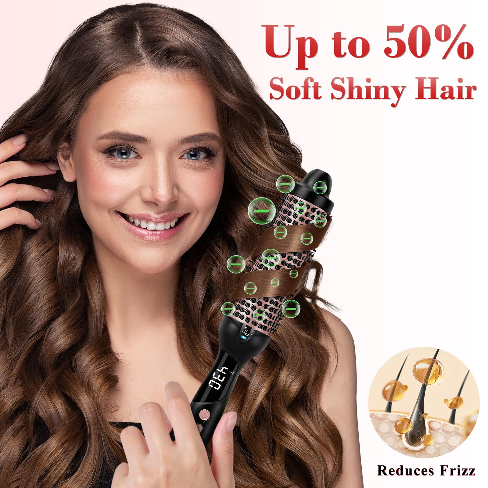 Ufree brush highlighting 360° ionic surround for frizz reduction and shine.