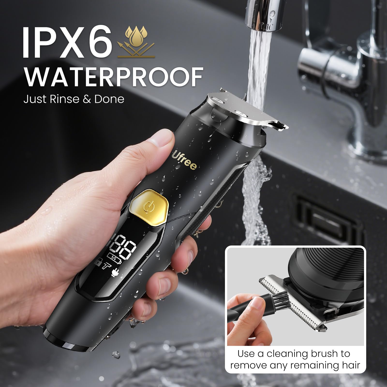 Ufree IPX6 waterproof design supports wet or dry shaving.