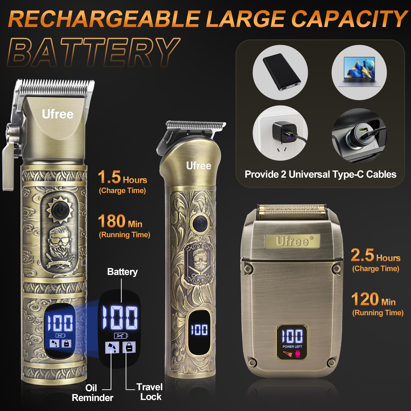 Long-lasting Ufree battery enables up to 180 minutes of cordless use.