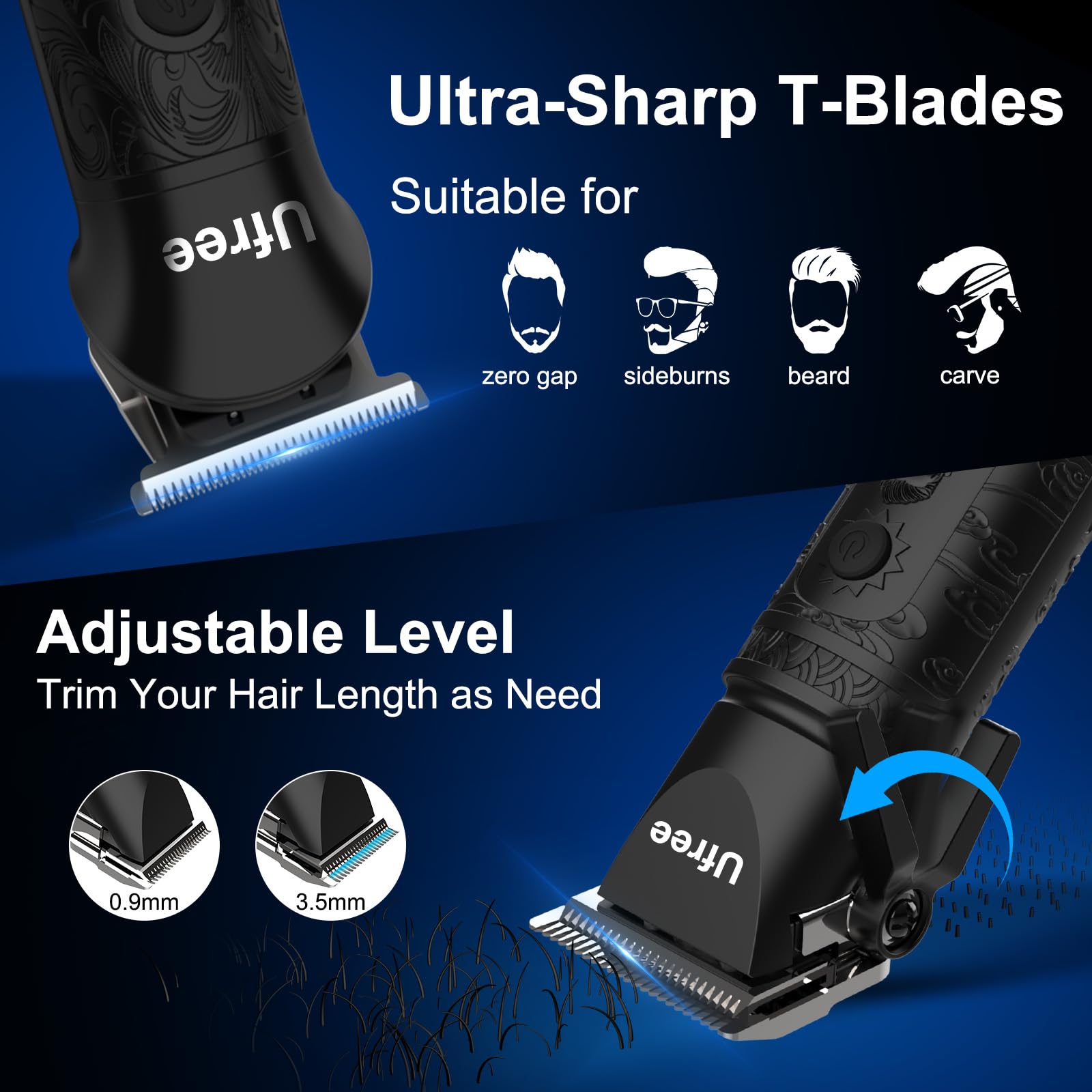 Ufree nose-ear trimmer head enables precise trimming in tight spots.