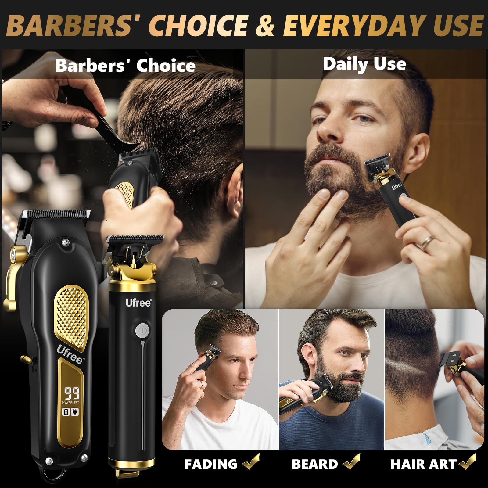 Ufree clippers with zero-gap T-blade close-up for precise trimming.