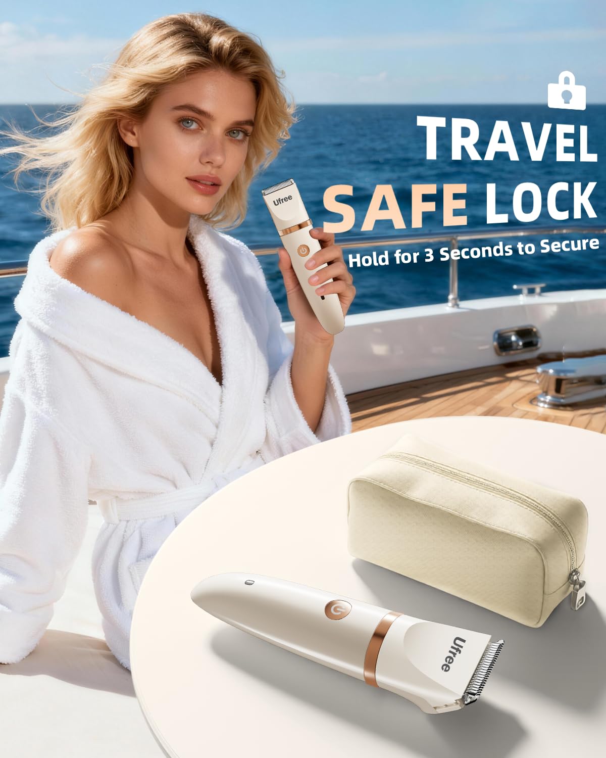 Travel lock engaged on Ufree for safe on-the-go grooming.