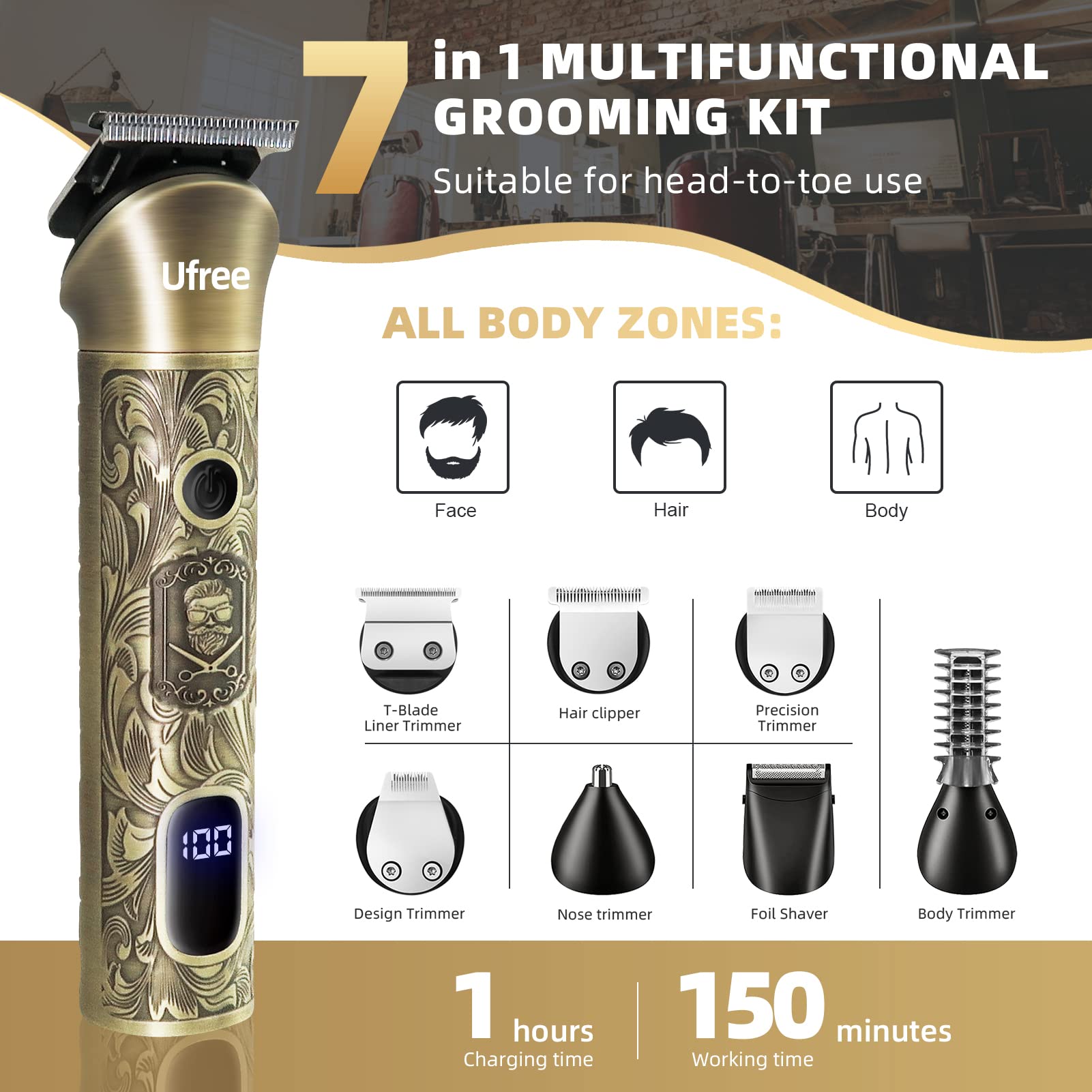 Ufree trimmer heads seven-piece set for versatile facial and body grooming.