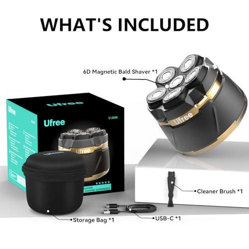Ufree shaver used on a bald head with comfortable grip for precision.