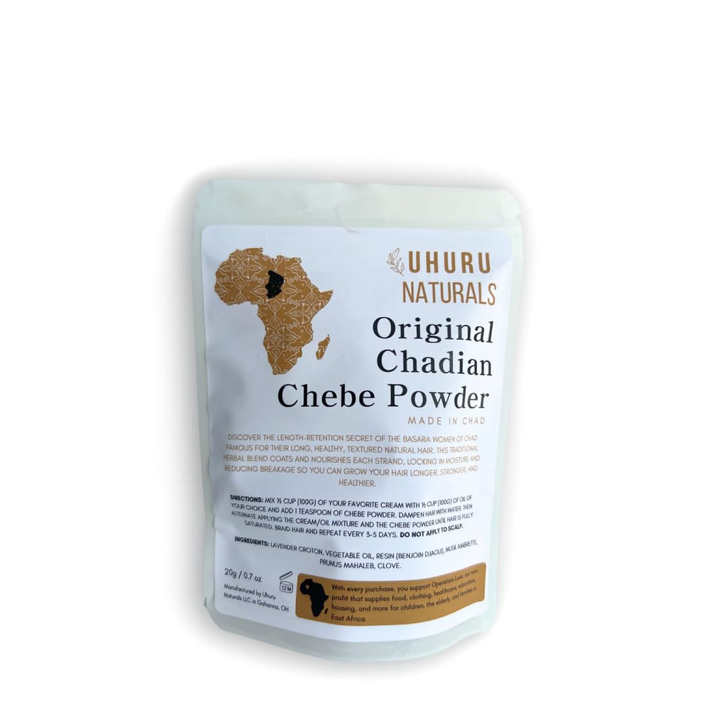 Uhuru Naturals ChadianChebe powder packaging close-up highlighting nourishing formula.