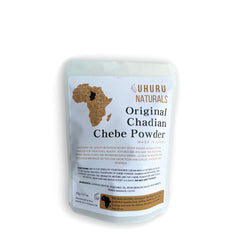 Uhuru Naturals ChadianChebe powder packaging close-up highlighting nourishing formula.