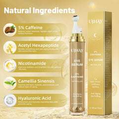 UJHAY 5% caffeine eye treatment targets dark circles with nourishing hyaluronic acid.