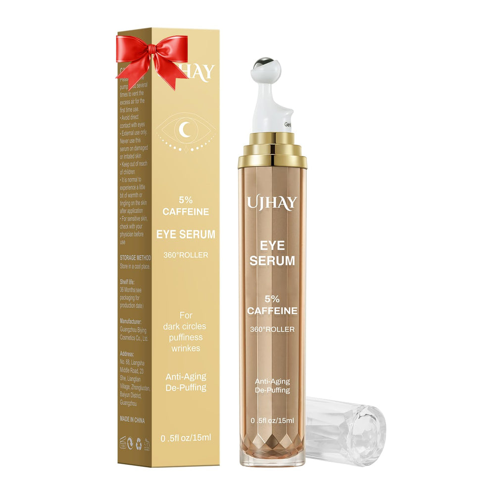 UJHAY 5% caffeine eye roller with cooling ball for refreshed under-eye appearance.