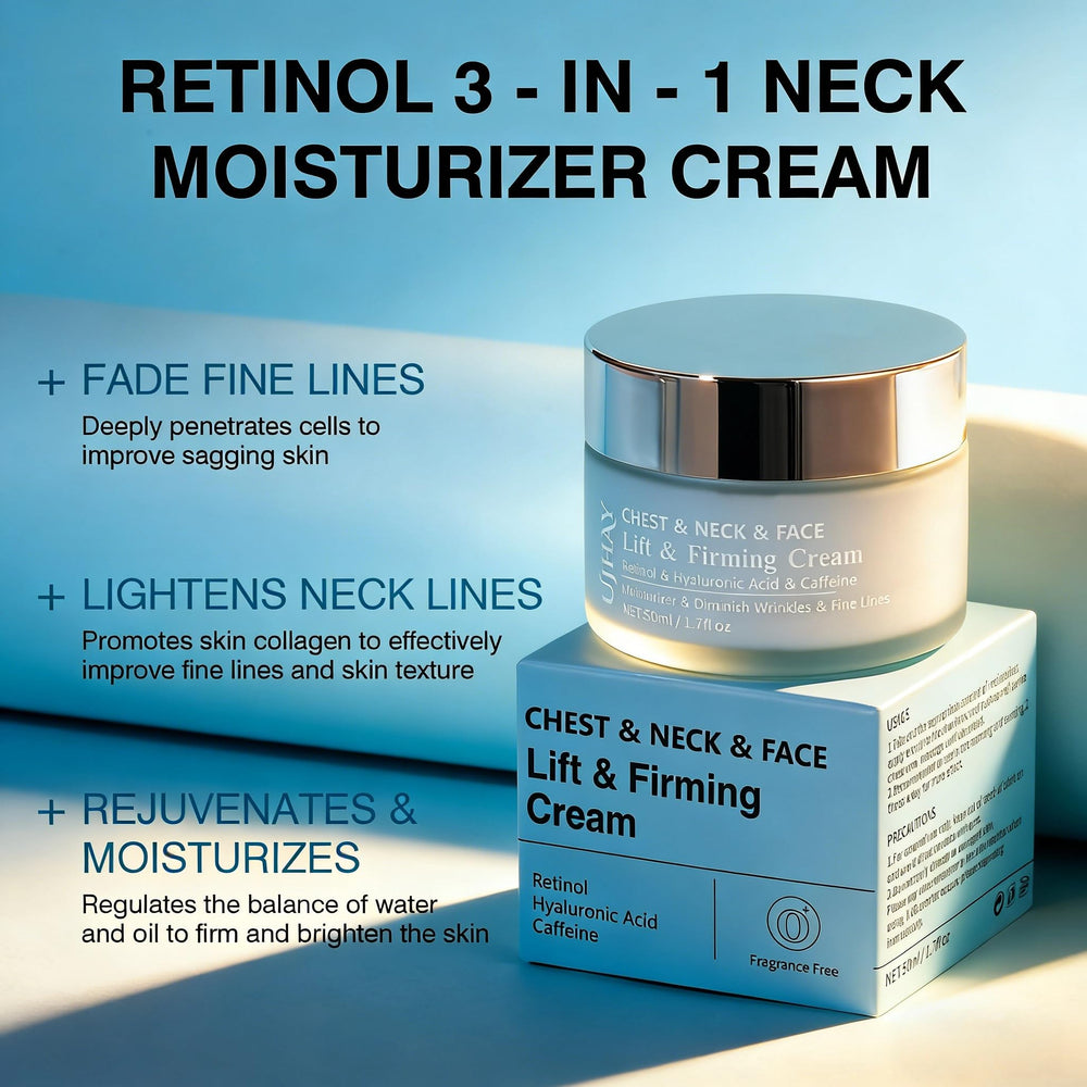 UJhay Caffeine neck cream tube highlighting energizing formula for smoother look.