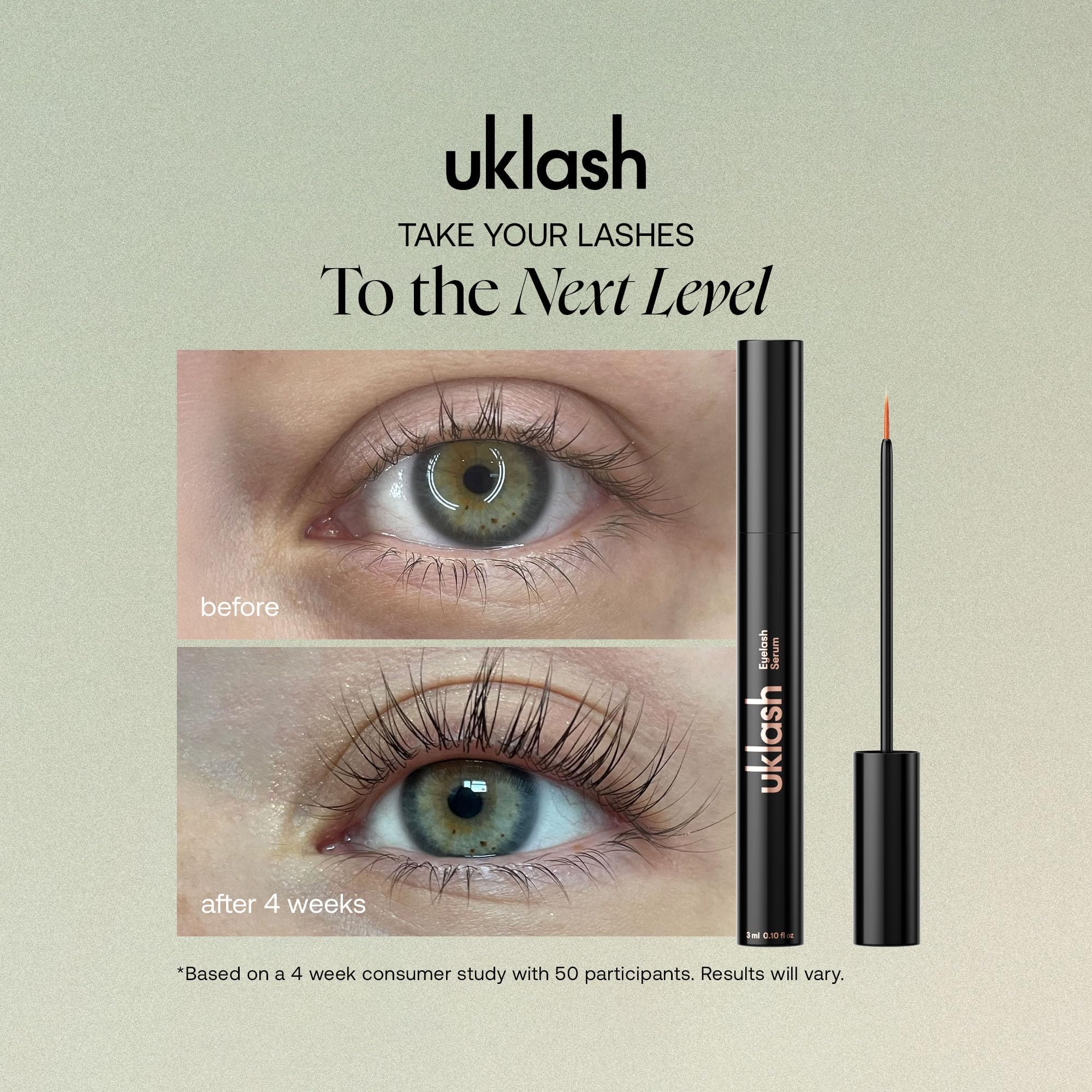 UKLASH Eyelash Growth Serum ingredient panel highlighting peptide complex for stronger lashes.
