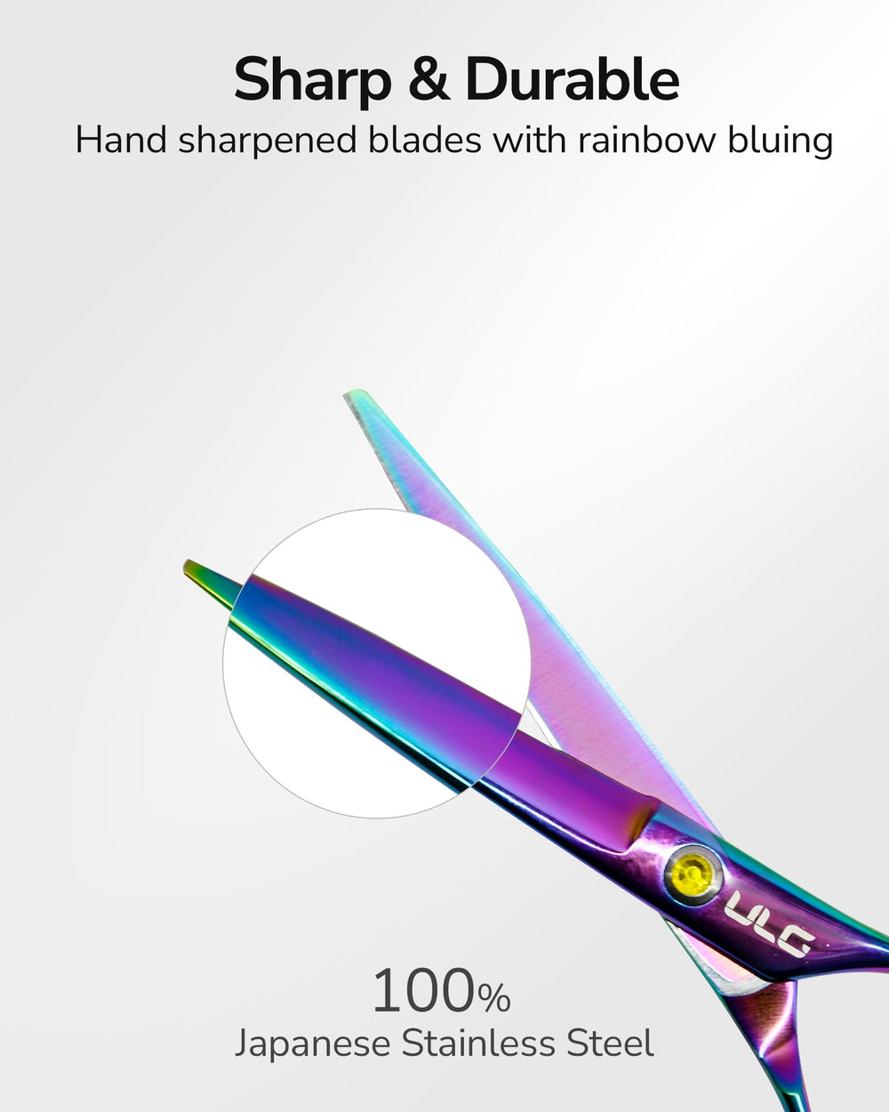 ULG hand-sharpened scissors with rainbow finish enhance premium aesthetics.