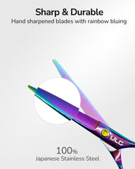 ULG hand-sharpened scissors with rainbow finish enhance premium aesthetics.