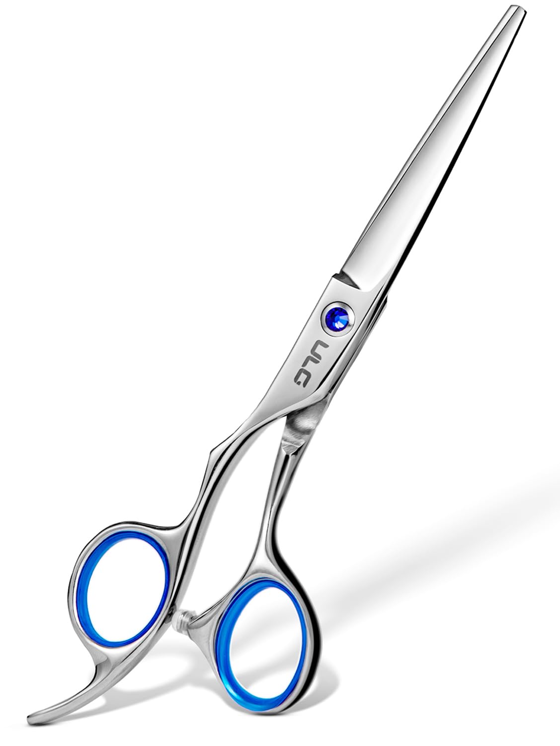 ULG left-handed scissors with blue sapphire pivot for precise salon cuts.