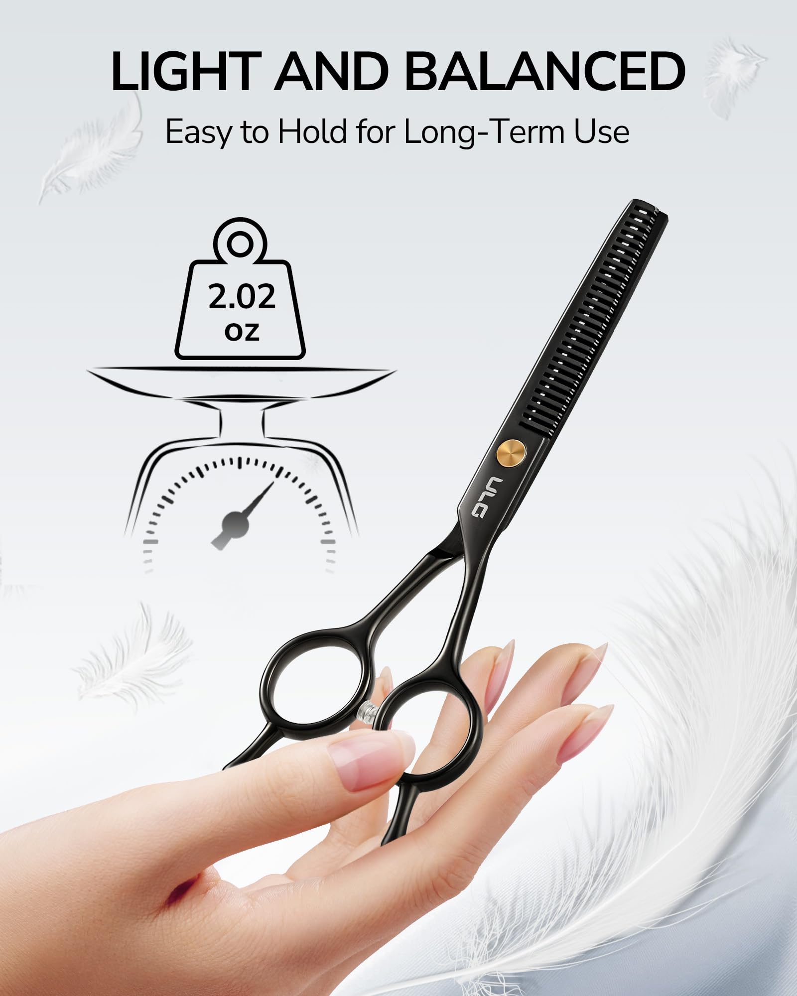 ULG thinning shears blunt tips for safe use near skin and clients.