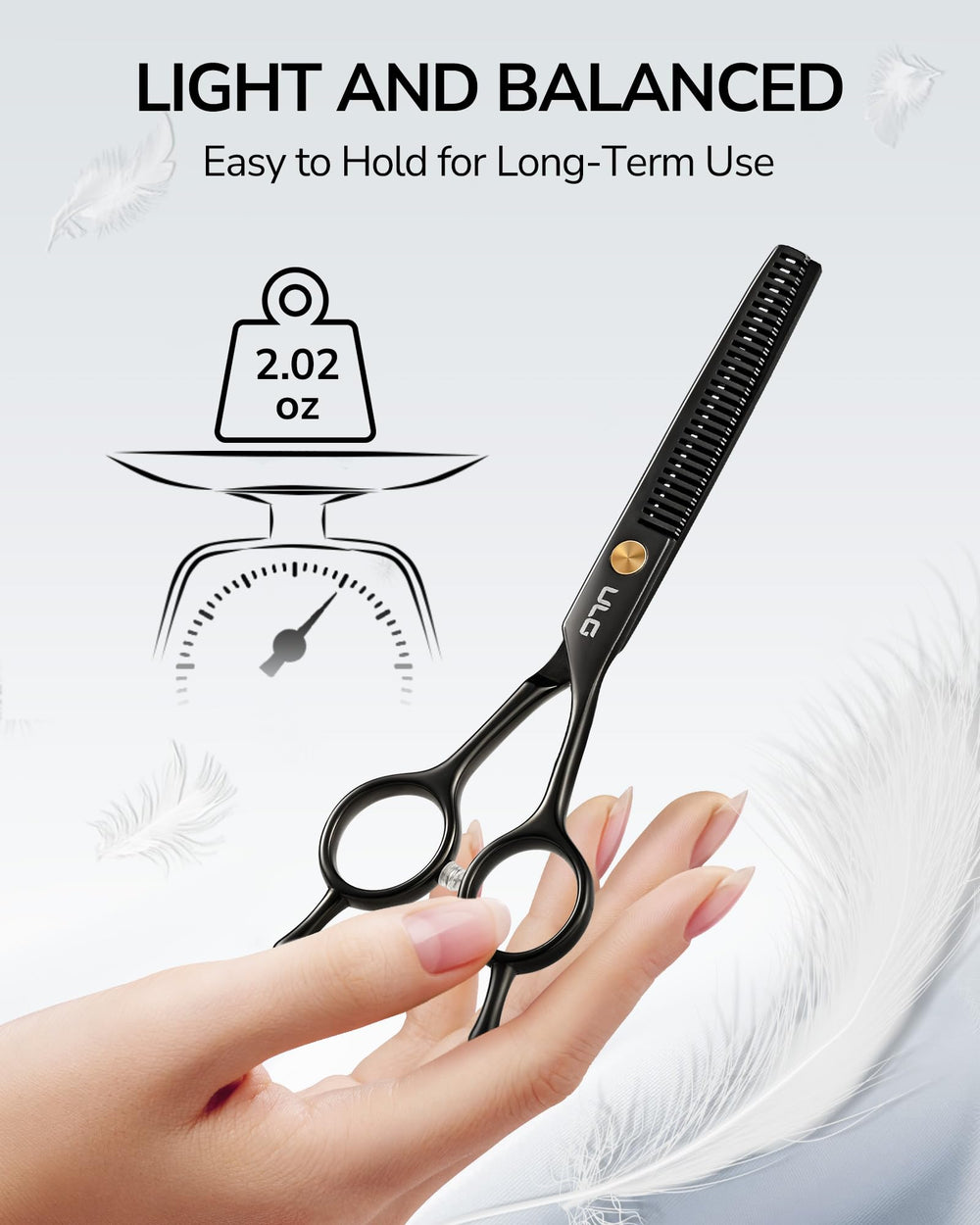 ULG thinning shears blunt tips for safe use near skin and clients.