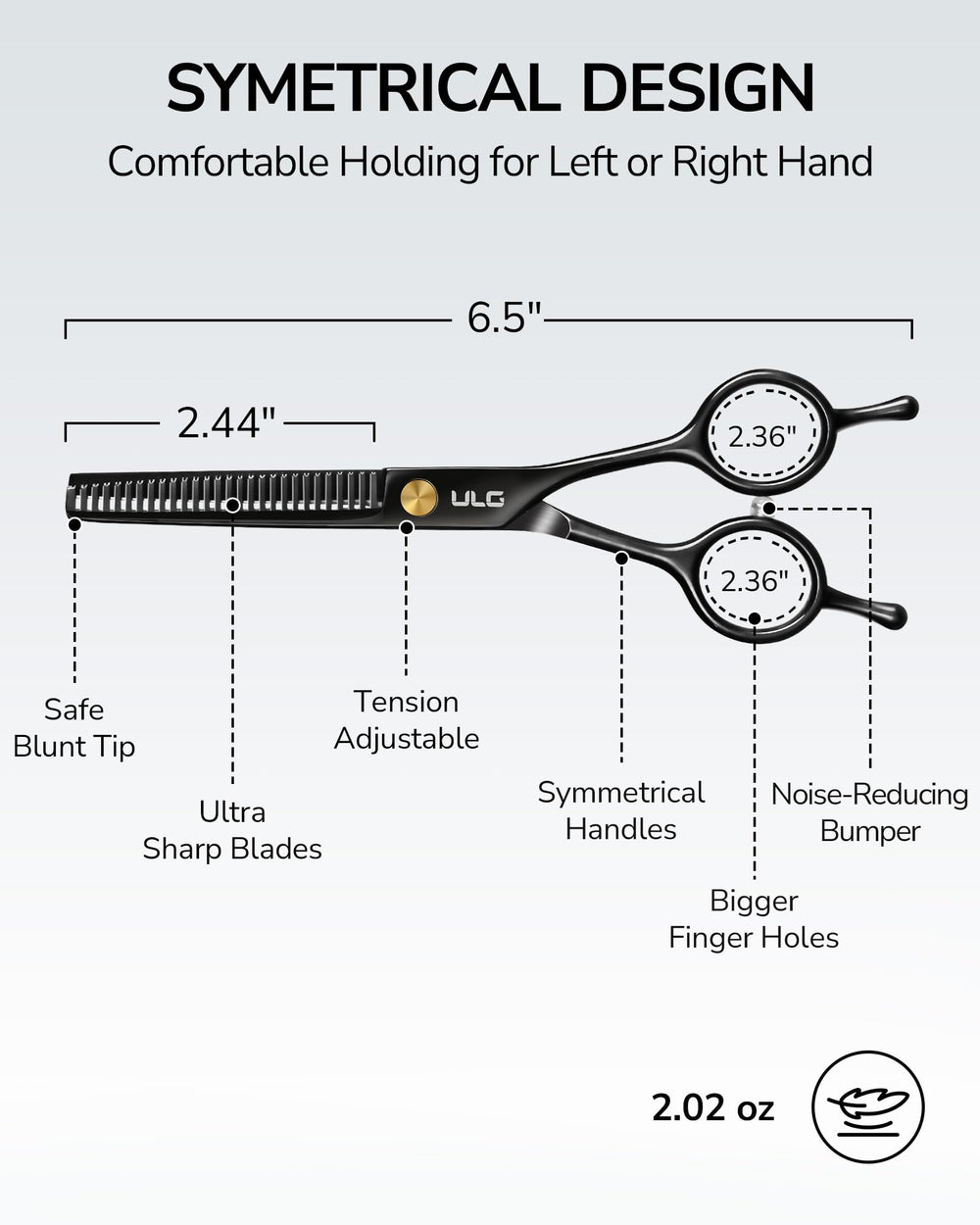 ULG thinning shears symmetric design for balanced, right-handed use.