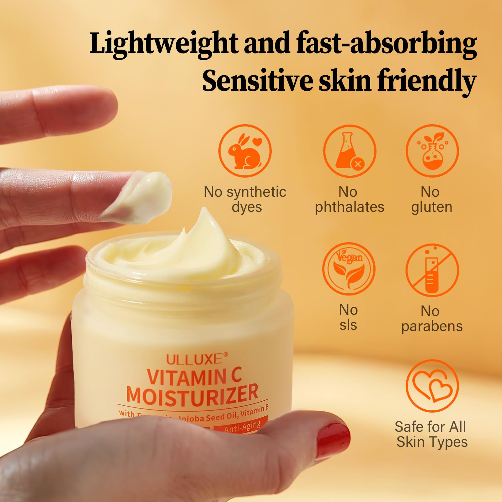 Envase práctico de Ulluxe Vitamina C y detalle de producto.