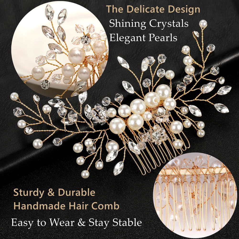ULTIMUTE peine nupcial dorado con cristales brillantes y perlas decorativas