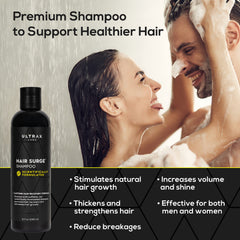Ultrax Labs Hair Surge label close-up for scalp nourishment.