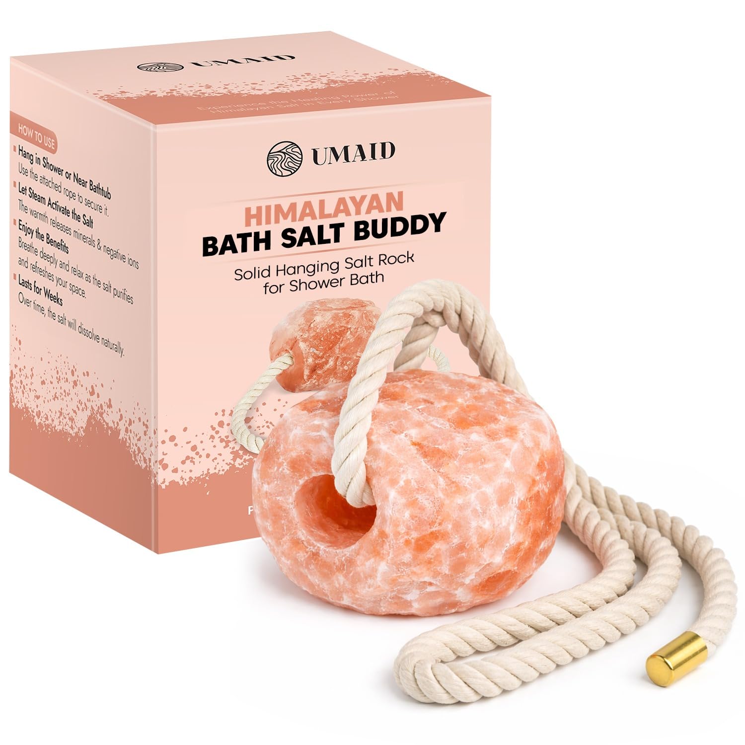 UMAID Himalayan Bath Salt Buddy hanging rock in shower for spa-like self-care.