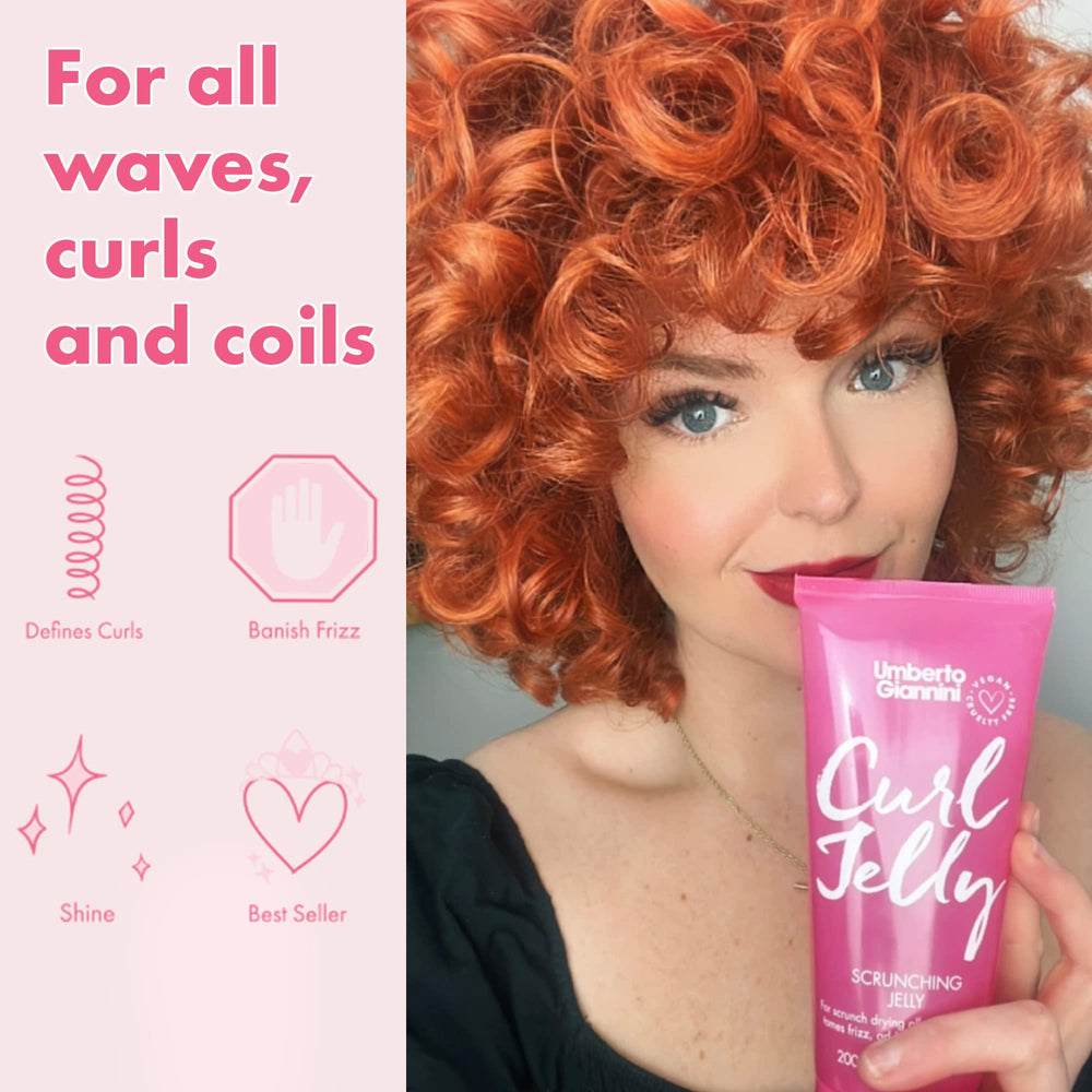 Umberto Giannini Curl Jelly dispensing jar shows easy mid-lengths application.