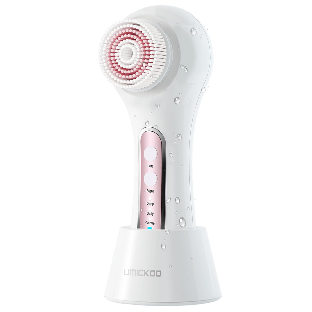 Umickoo electric cleansing brush shows 2-way rotation for zone-focused cleansing.