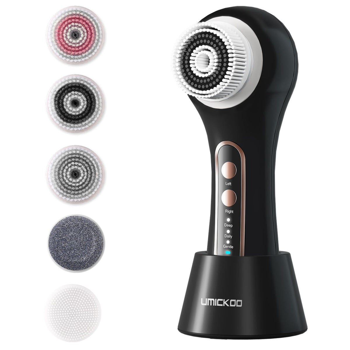 UMICKOO electric facial cleansing brush with 2-way rotation for targeted cleansing on nose and cheeks.