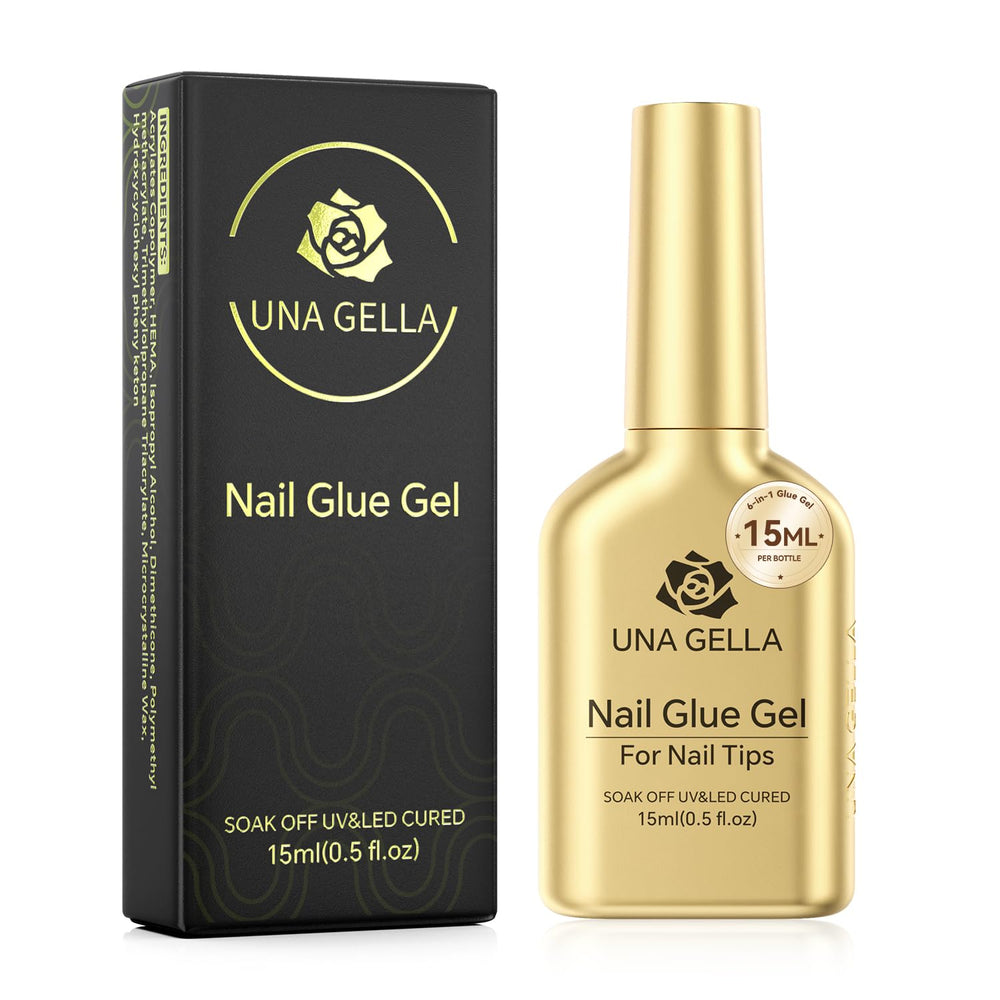 UNA GELLA 6-in-1 nail glue bottle close-up showing ultra-strong bonding.